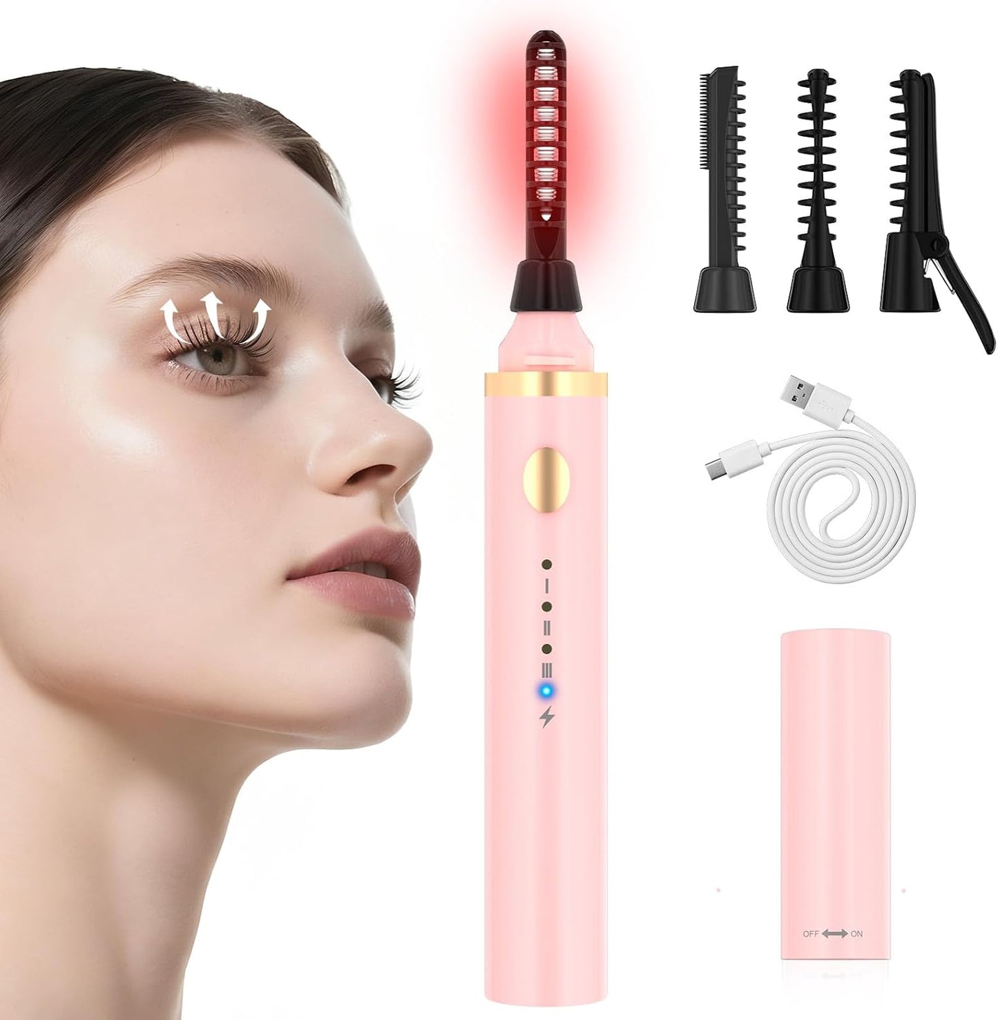 3 in 1 Heated Eyelash Curler, Rechargeable Heated Eyelash Curlers for Women, Electric Lash Curler with 3 Brush Heads, 24H Natural Curling with 3 Temp Settings 10s Fast Heating, Pink