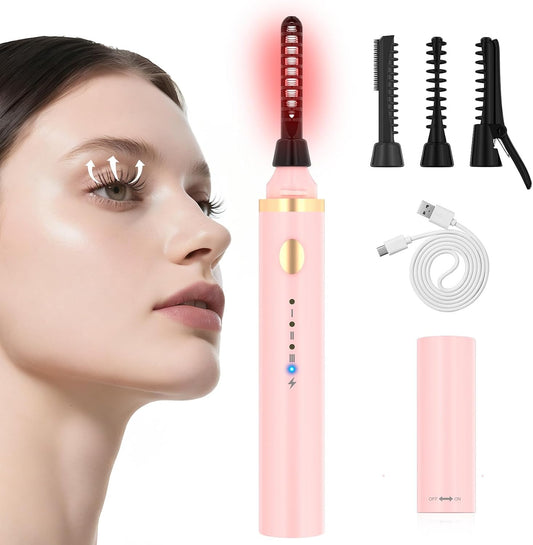 3 in 1 Heated Eyelash Curler, Rechargeable Heated Eyelash Curlers for Women, Electric Lash Curler with 3 Brush Heads, 24H Natural Curling with 3 Temp Settings 10s Fast Heating, Pink