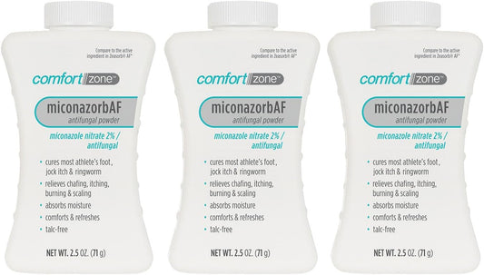 Comfort Zone Miconazorb Antifungal Powder, Talc-Free, Miconazole Nitrate 2%, For Treatment Of Athlete's Foot, Jock Itch And Ringworm, 2.5oz (71g) (3 Pack)