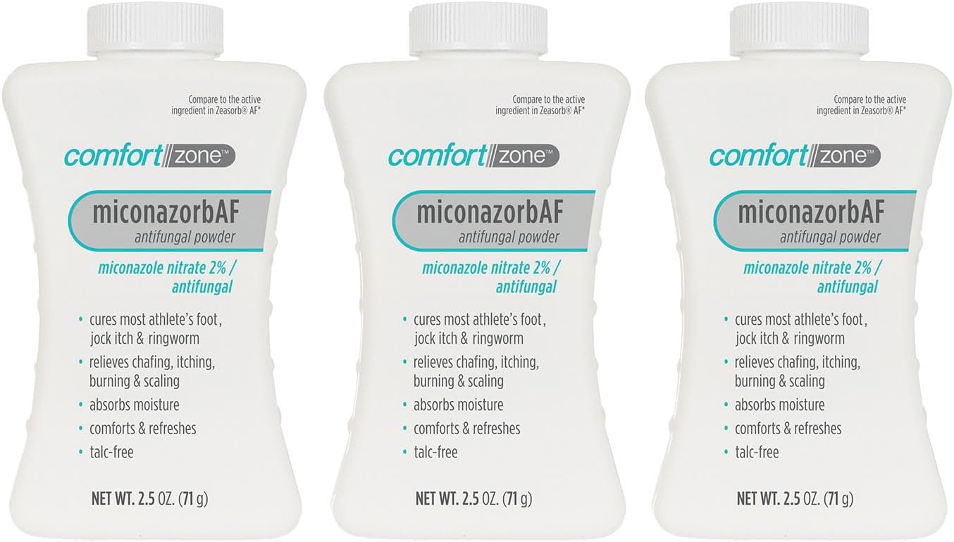 Comfort Zone Miconazorb Antifungal Powder, Talc-Free, Miconazole Nitrate 2%, For Treatment Of Athlete's Foot, Jock Itch And Ringworm, 2.5oz (71g) (3 Pack)