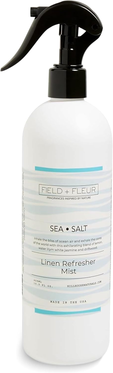 FIELD FLEUR Sea Salt Linen & Room Spray 15.5 oz - Aromatic & Refreshing Bedding & Fabric Mist - Air Freshener for Clothes & Sofas - Notes of Lemon, Water Lily, Jasmine & Driftwood - Made in USA