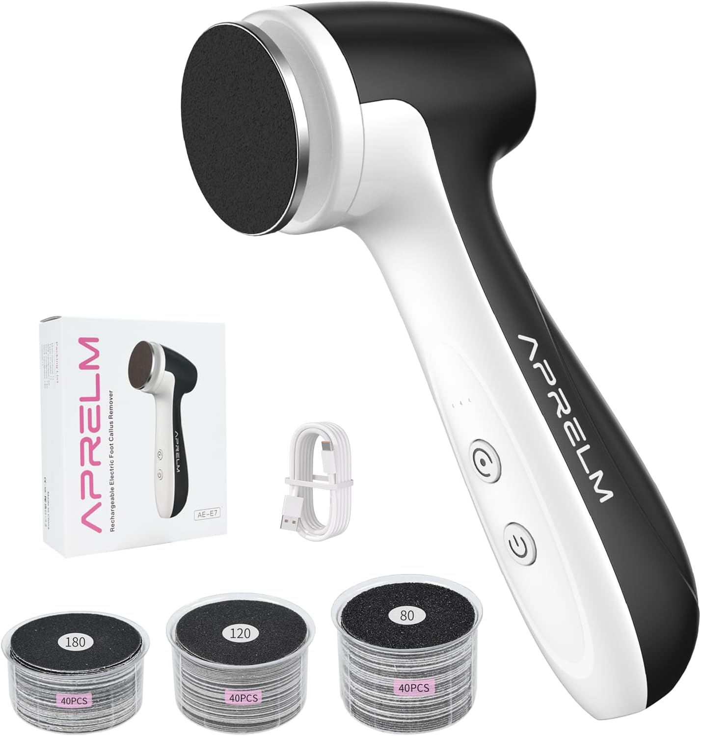 AprElm-E7 Rechargeable Electric Foot Callus Remover with 3-Sizes 120Pcs Sandpaper Discs, Professional 1000RPM 3-Speed Control Electric Foot File (Black)