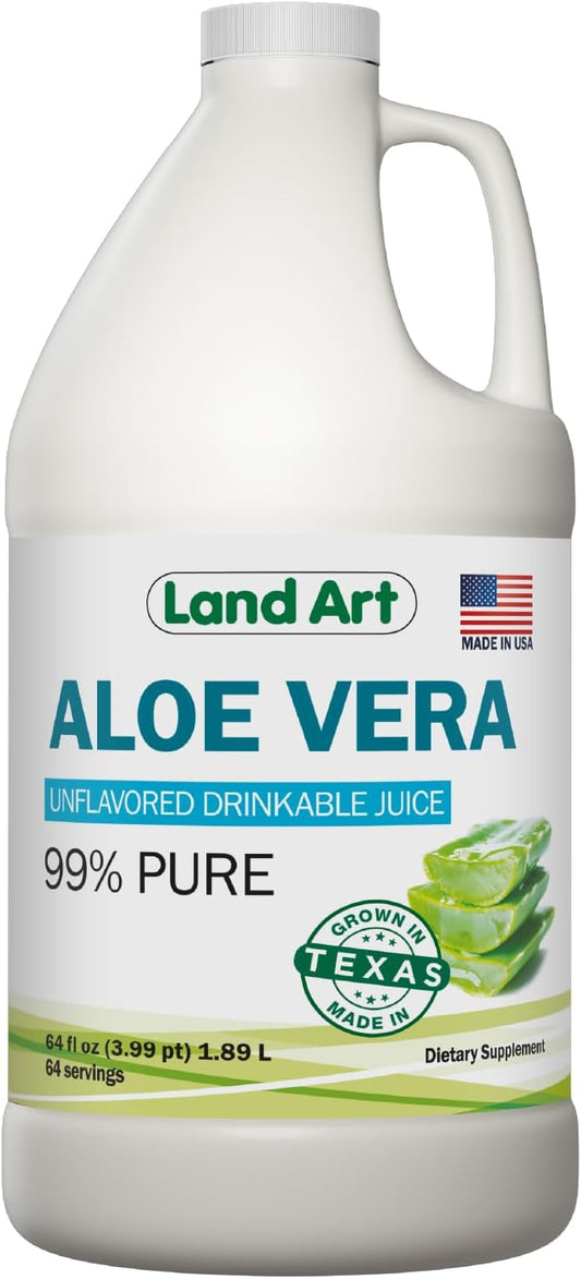 Land Art - Pure Aloe Vera Juice Unflavored – Cold-Processed - 99.7% Organic Aloe Vera Inner Fillet from Fresh Texas Leaves – Digestive Health, Detox and Natural Wellness – 64 fl oz
