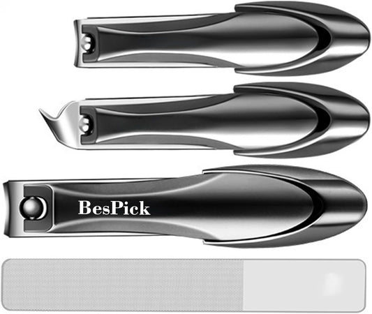 4 Pieces biomimetic Sharp Stainless Steel Anti-Splash Nail Clippers Set with Metal Sliding Catcher and Nano Glass Nail File (Large Flat, Small Flat, Small Bevel and Glass File) (Black)