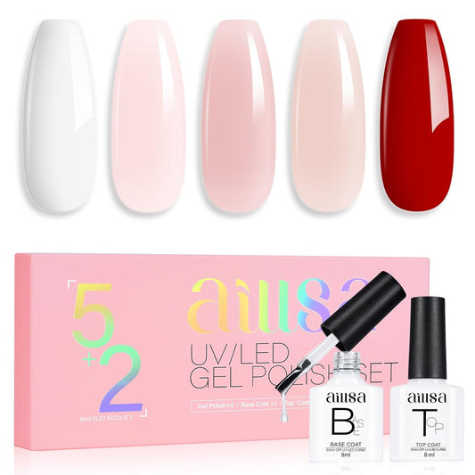 AILLSA Nude Pink Gel Nail Polish Set - White, Red, Milky Neutral Translucent Gel Polish with Base and Top Coat - 5+2 Kit - Bright Wedding Color - Jelly Soak Off U V Manicure Salon DIY at Home