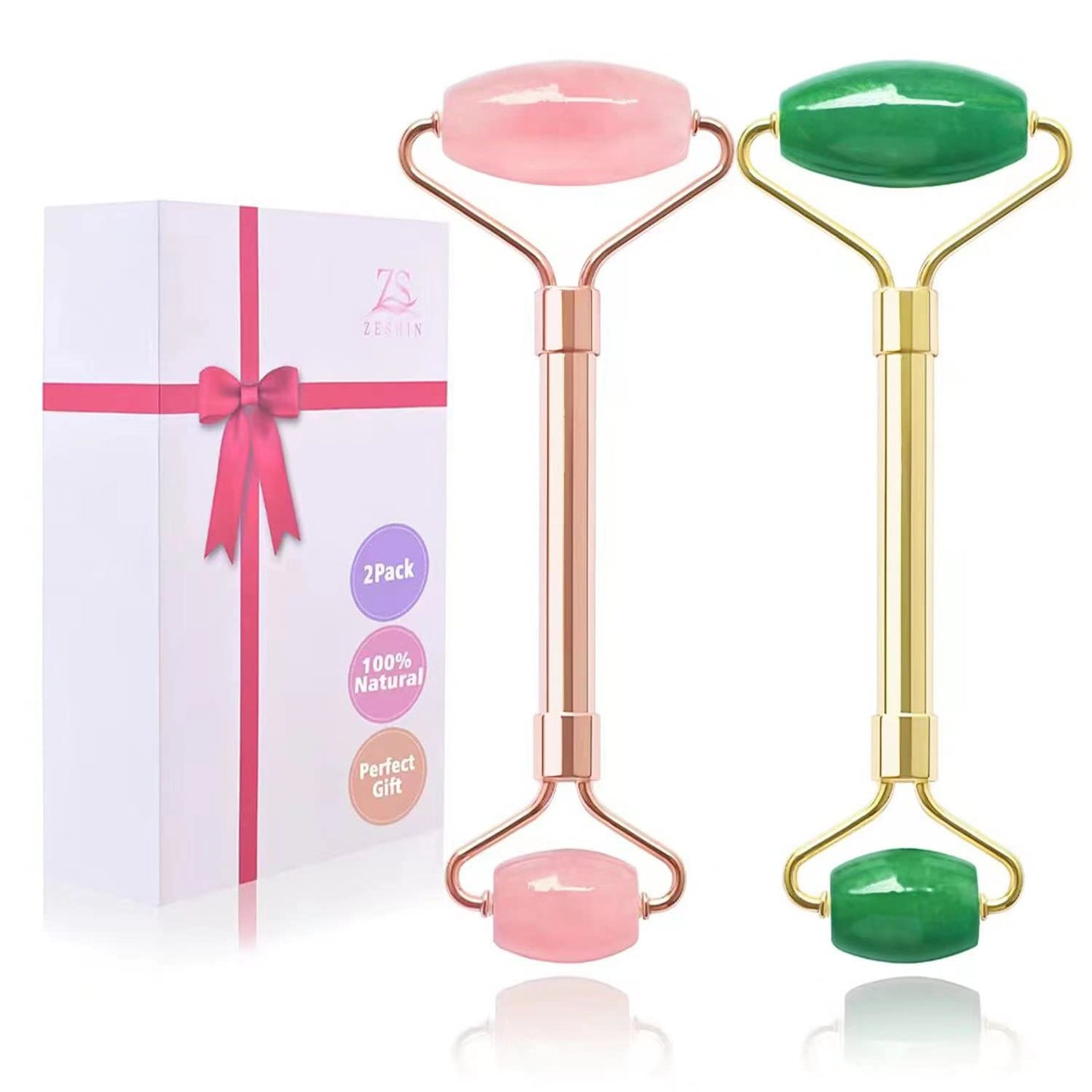 2 Pack Jade Facial Roller & Rose Quartz Face Roller for Wrinkles and Puffiness, Natural Jade Stone Face Massager Roller