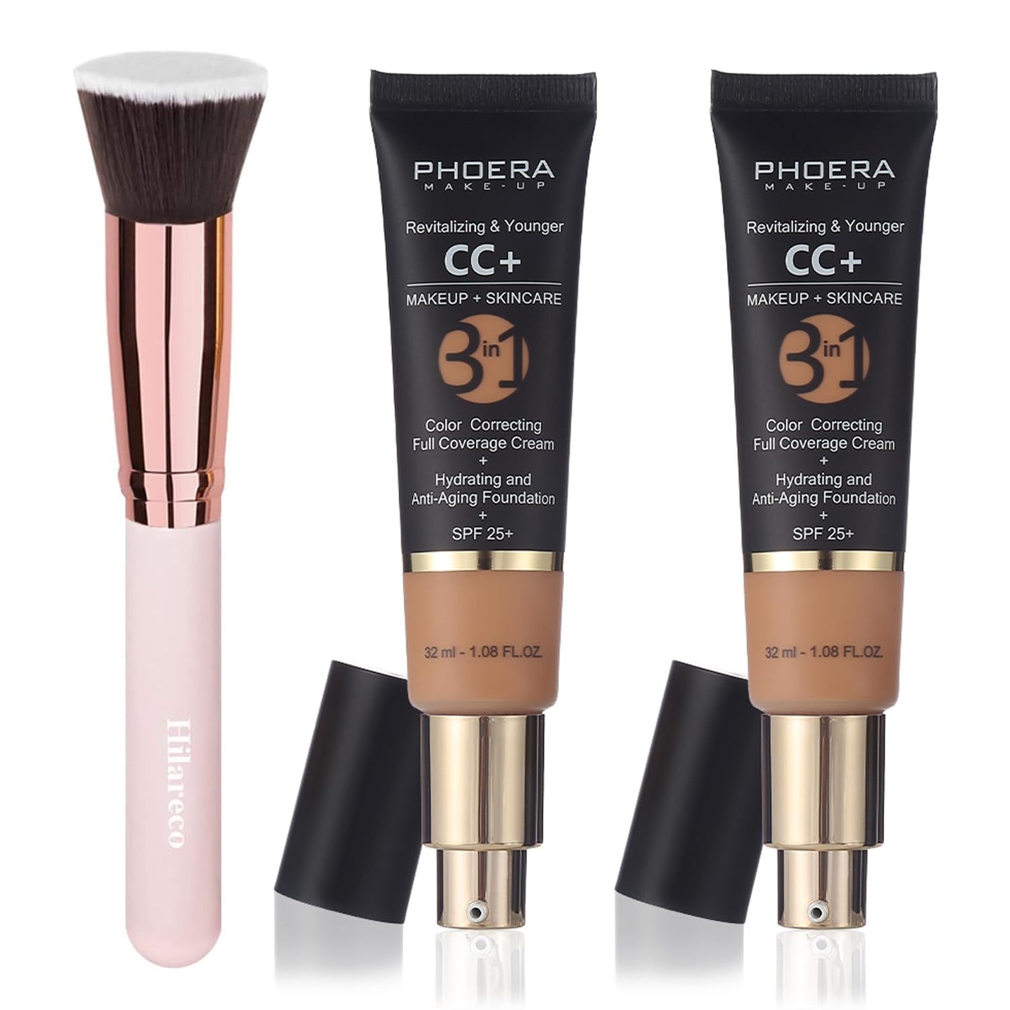 PHOERA CC Cream Foundation With SPF,PHOERA Full Coverage Foundation Color Correcting Cream,Anti Aging Hydrating Serum & SPF 25+ Sunscreen Natural Finish1.08 floz (2PCS 140 Buff Beige)
