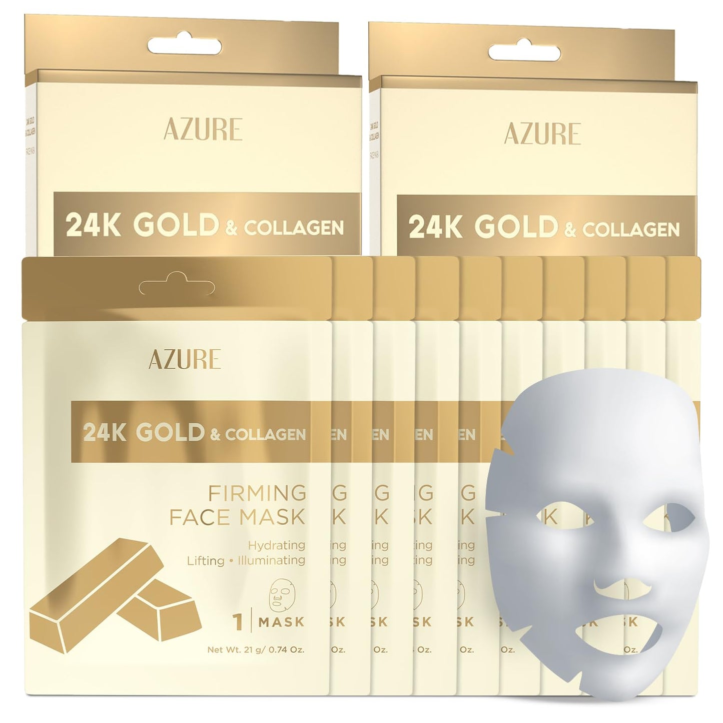 AZURE 24K Gold Firming Face Mask- Anti Aging, Hydrating, Toning & Firming Facial Sheet Mask - Helps Reduce Wrinkles & Fine Lines - With Hyaluronic Acid & Collagen - Skin Care Made in Korea - 10 Pack