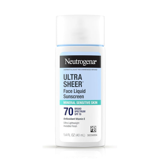 Neutrogena Ultra Sheer Mineral Face Liquid Sunscreen SPF 70, Broad Spectrum UVA UVB for Sensitive Skin, Non Greasy, Oxybenzone Free, Vegan, Hypoallergenic, 1.4 fl oz