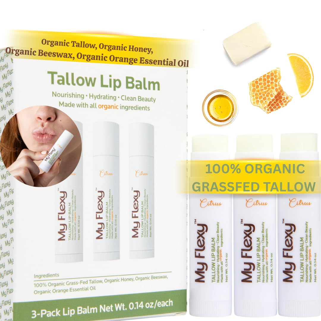 100% Organic Lip Balm Hydrating, Grass-Fed Beef Tallow Lip Balm, Made with Pasture Raised Tallow, Honey, Beeswax, & Orange Essential Oil, Lip Balms & Moisturizers - Bulk Pack of 3