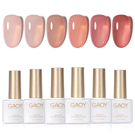 GAOY Jelly Nude Gel Nail Polish Set, 6 Transparent Colors Sheer Red Pink Brown Soak Off UV Light Cure Gel Polish Kit for Salon and Nail Art DIY at Home