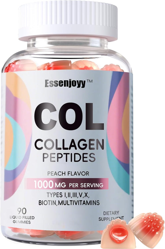 Liquid Filled Collagen peptides Gummies for Women & Man 1000mg with biotin, Vitamin C, E-Sugar Free Multi hydrolyzed Collagen peptides for Skin Hair Nails -30 Servings, Peach Flavor