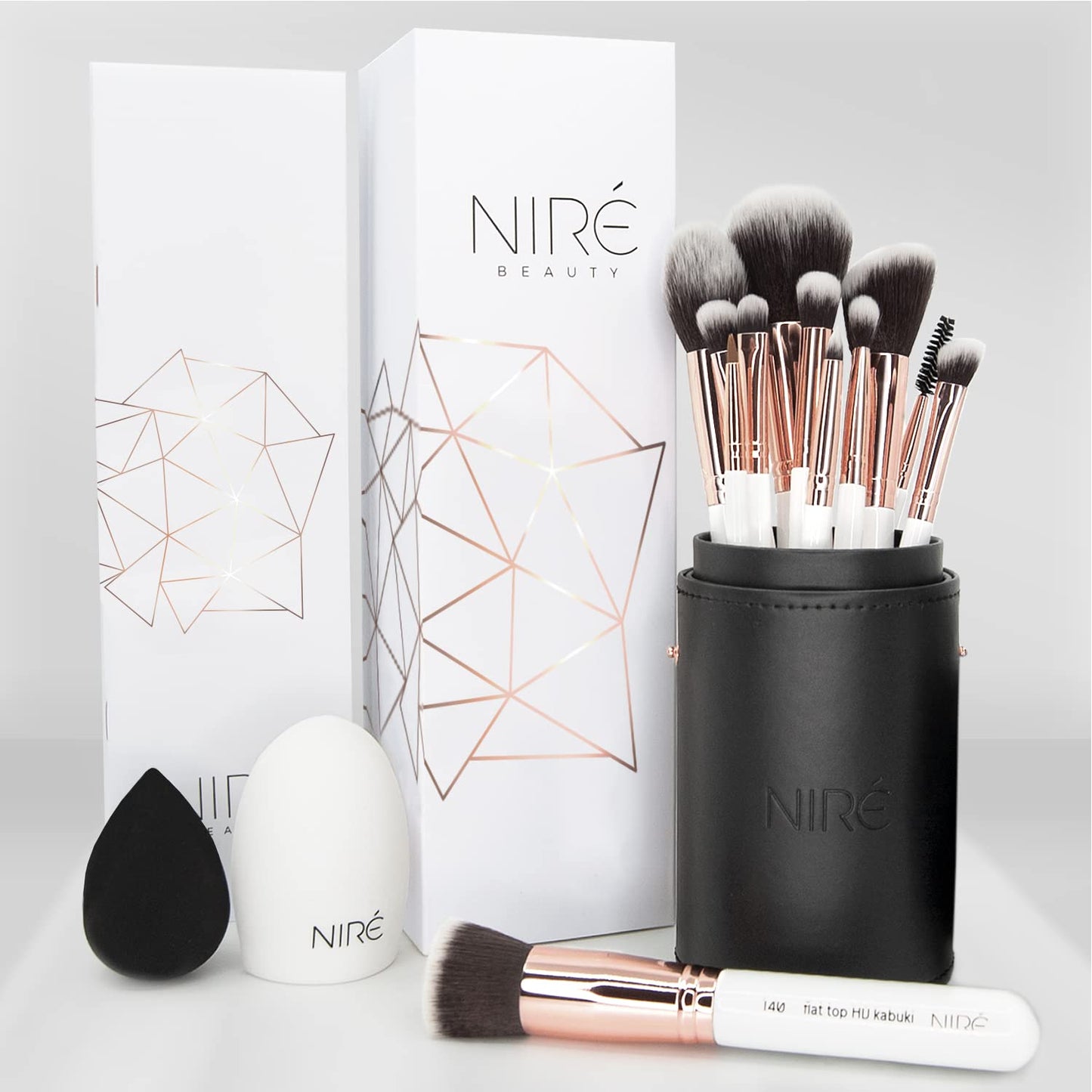 Niré Beauty White 15piece Award Winning Professional Makeup Brush Set: Vegan Makeup Brushes with Case, Makeup Sponge, Cleaner, Guide, Gift Box