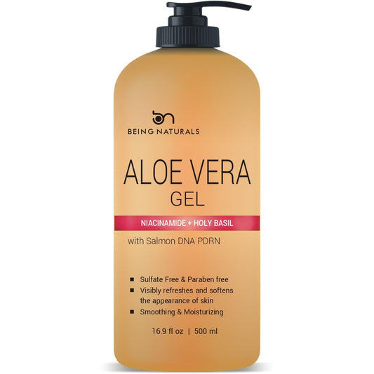 Aloe vera Gel - from Pure Organic Aloe Infused with Niacinamide, Holy Basil, Salmon DNA PDRN - Natural Raw Moisturizer for Face, Body, Hair. Perfect for Sunburn, Acne, Razor Bumps 16.9 fl oz