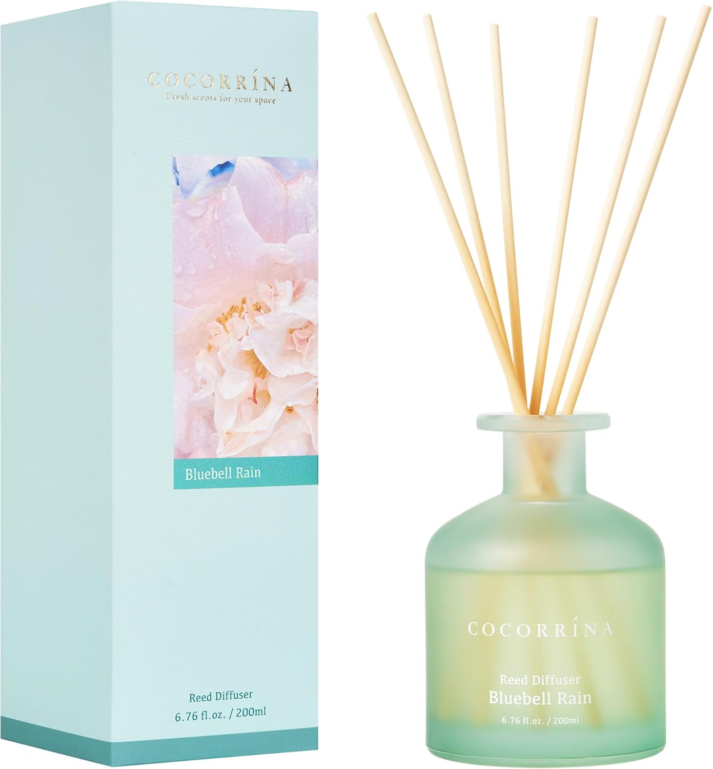 Cocorrína Reed Diffuser - Bluebell Rain 6.76oz Diffuser with 8 Sticks Home Fragrance Essential Oil Reed Diffuser for Bedroom Bathroom Shelf Decor Office Decor (Summer Collection)