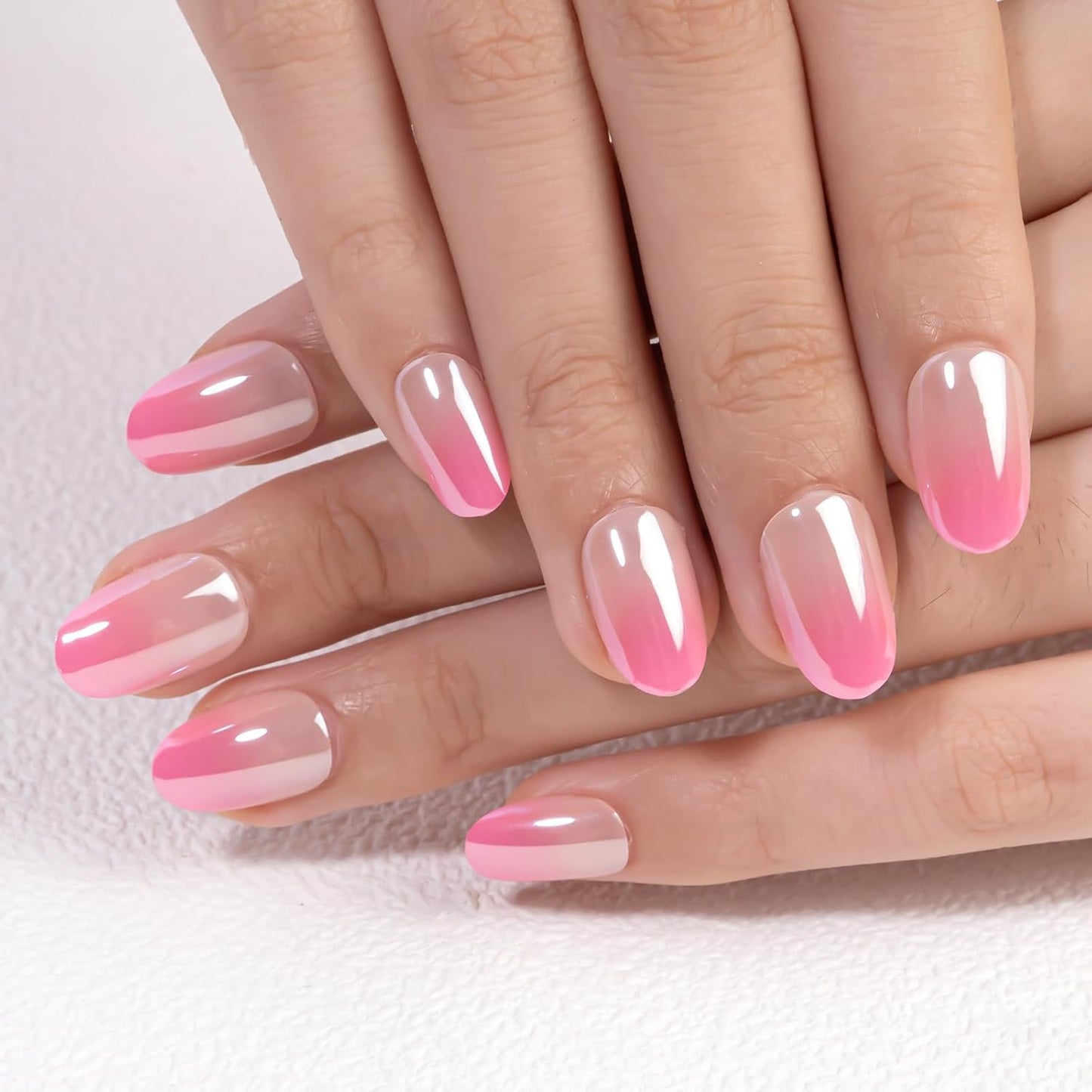 Curvlife Soft Gel Press On Nails Kit - 30pcs Full Cover False Gradient Bright Pink High-Shine Chrome Nail Tips Designs, Fake Nail with Nail Glue - Easy Application Nail Accessories for Women