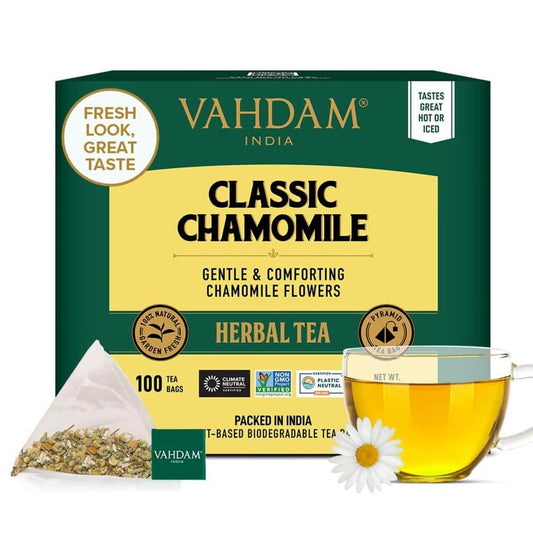 VAHDAM, Chamomile Herbal Tea (100 Pyramid Tea Bags) Resealable Ziplock Pouch | Caffeine Free, Non GMO, Gluten Free | 100% Pure Tisane - Sweet & Floral | Made With Natural Chamomile Flowers