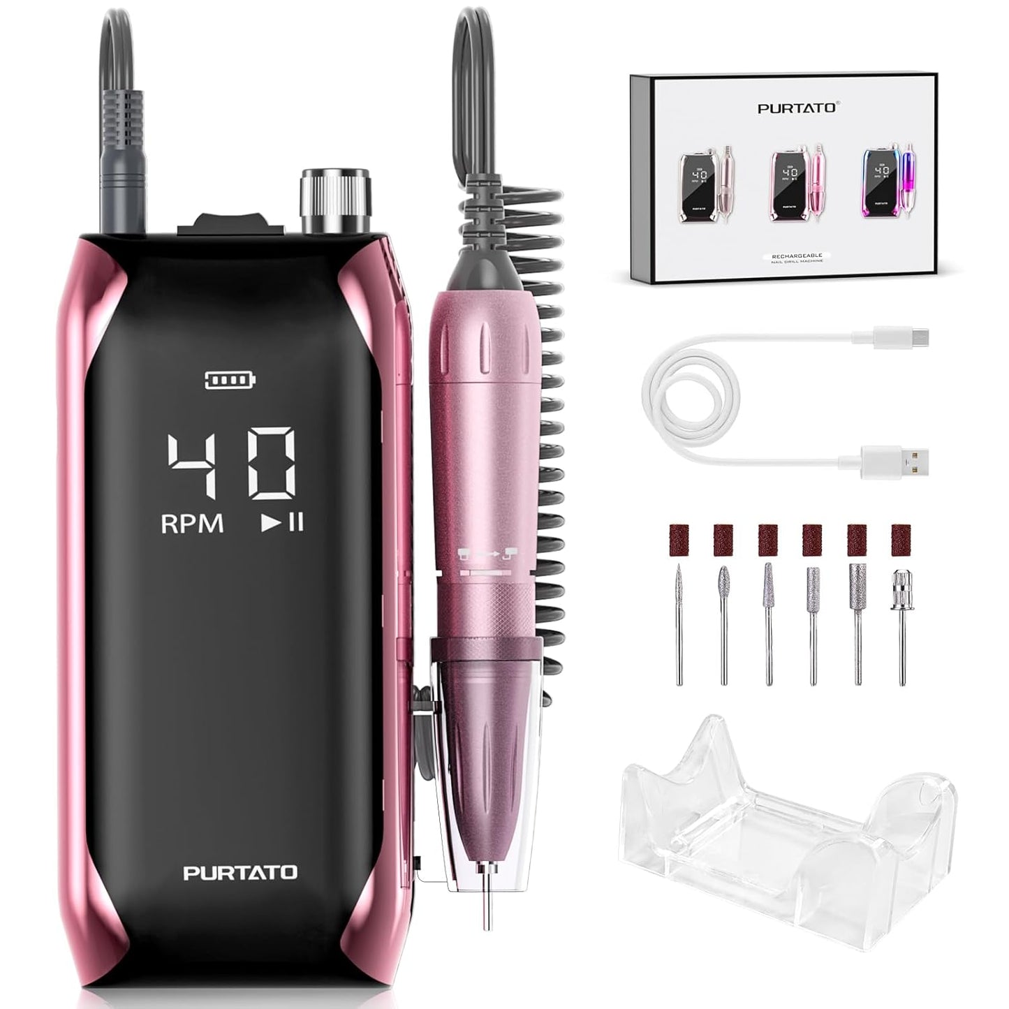 Professional Nail Drill 40,000 RPM, Rechargeable,LCD Display E File Machine for Acrylic Nails Gel Polishing Removing Portable Nails Efile Tools for Manicure Salon & Home (Pink)