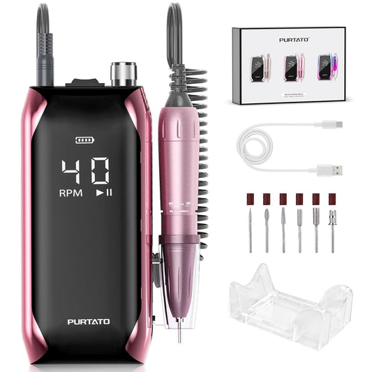 Professional Nail Drill 40,000 RPM, Rechargeable,LCD Display E File Machine for Acrylic Nails Gel Polishing Removing Portable Nails Efile Tools for Manicure Salon & Home (Pink)
