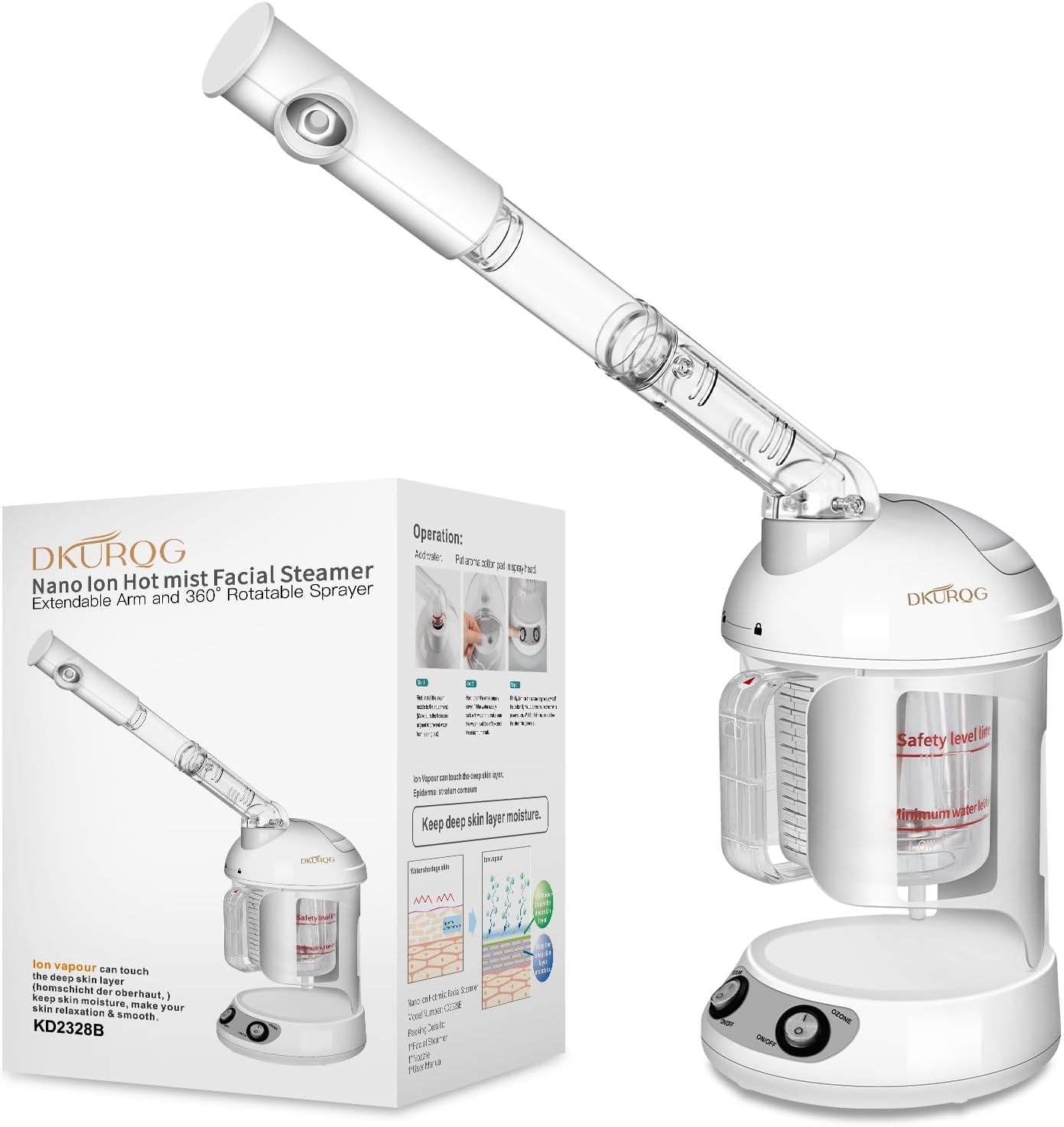 Nano Ionic Facial Steamer with Removable Water Cup, Face Steamer 360° Rotatable Sprayer Warm Mist Face Humidifier for Home and Beauty Salon, Facial Deep Cleaning (White)