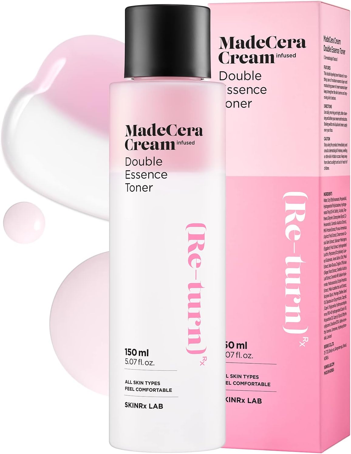 SKINRxLAB MadeCera Cream Double Essence Korean Toner 150ml (5.07fl.oz.) - Hydrating and Soothing with Milk Protein, Ceramide, Beta-Glucan - Moisturizing Strawberry Milky Toner for Irritated Skin