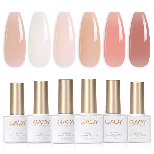 GAOY Milky Jelly Nude Gel Nail Polish Set, 6 Transparent Colors Sheer White Pink Soak Off UV Light Cure Gel Polish Kit for Salon and Nail Art DIY at Home