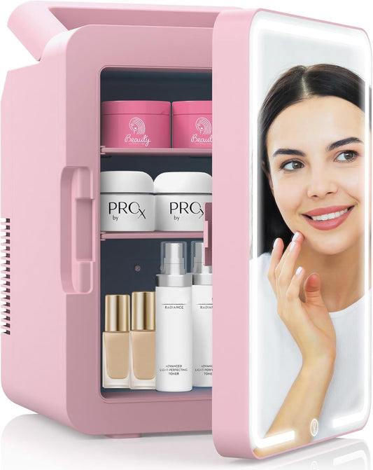 advwin 12L Mini Skincare Fridge with Dimmable LED Light Mirror, Makeup Fridge for Cooler & Warmer, Cosmetics, Beauty, Food & Drinks, Portable Small Refrigerator for Bedroom, Office, Dorm (12L pink)