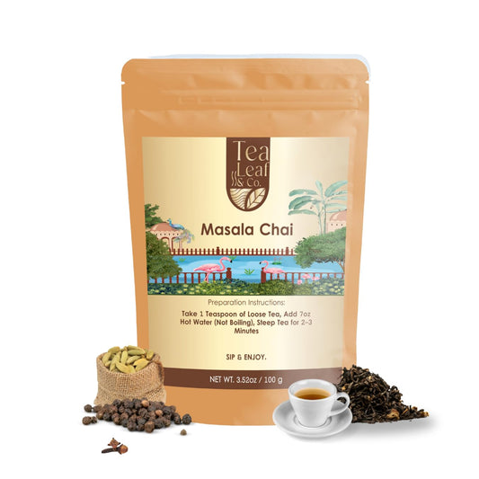 Tealeaf & Co. Masala Chai - Loose Leaf Black Tea Blended with Organic Spices (Ginger, Cardamom, Black Pepper & Cloves Whole Organic) - Low Caffeine (3.52oz/100gm)