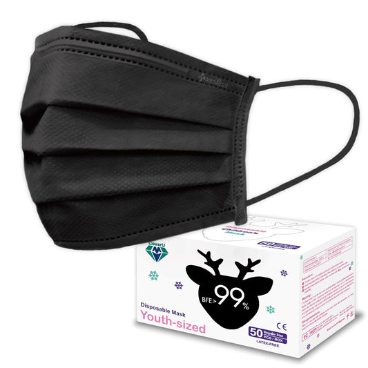 Medtecs Kids Face Mask Disposable - 2 Sizes Option (Child/Youth) 50 PCs - Comfy 3-Ply Breathable Children Masks, The Better Choice - Youth | Black