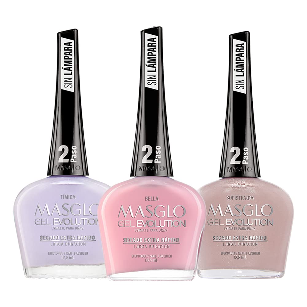 MASGLO Gel Evolution – Set of 3 Nail Polishes No UV/LED Lamp Needed, Fast-Drying, 12-Day Wear, 14-Free Formula, High-Gloss Finish, vegan (0.5 oz Each)
