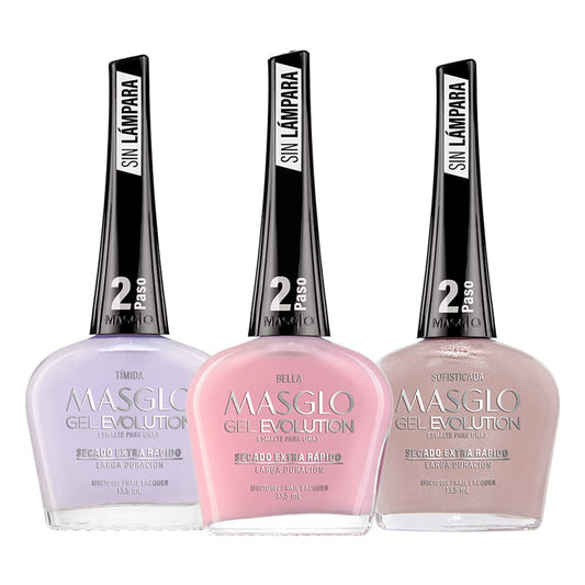 MASGLO Gel Evolution – Set of 3 Nail Polishes No UV/LED Lamp Needed, Fast-Drying, 12-Day Wear, 14-Free Formula, High-Gloss Finish, vegan (0.5 oz Each)