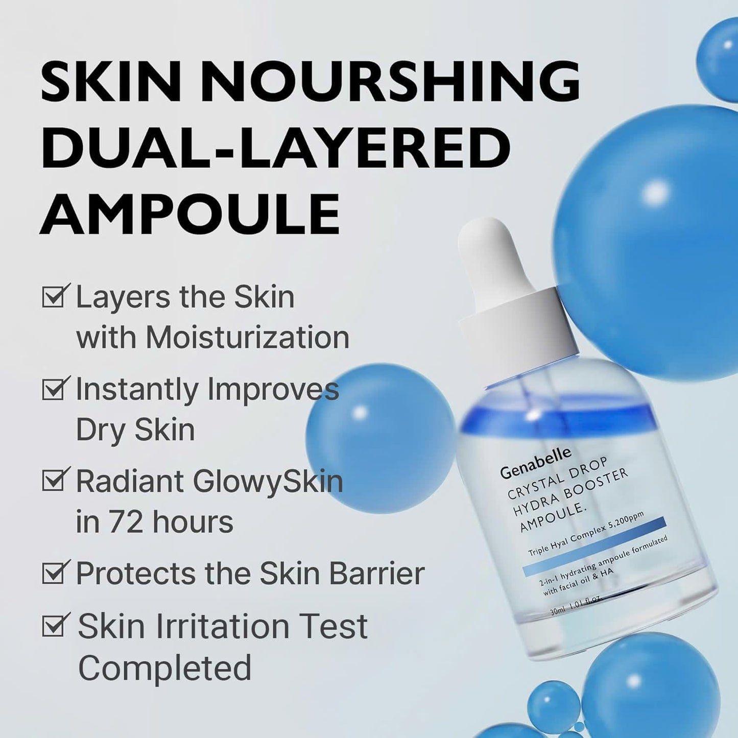 Genabelle Crystal Drop Hydra Booster Ampoule – Hydrating Serum with Hyaluronic Acid, Panthenol & Jojoba Oil for Skin Barrier and Glow – 1.01 fl.oz