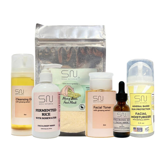Seoul Naturals Skincare Set, Ginseng Oil Cleanser, Fermented Rice Face Wash, Ginseng Toner, Face Mask, Hyaluronic Serum, Sun Protection Cream, k beauty, 6 Pieces