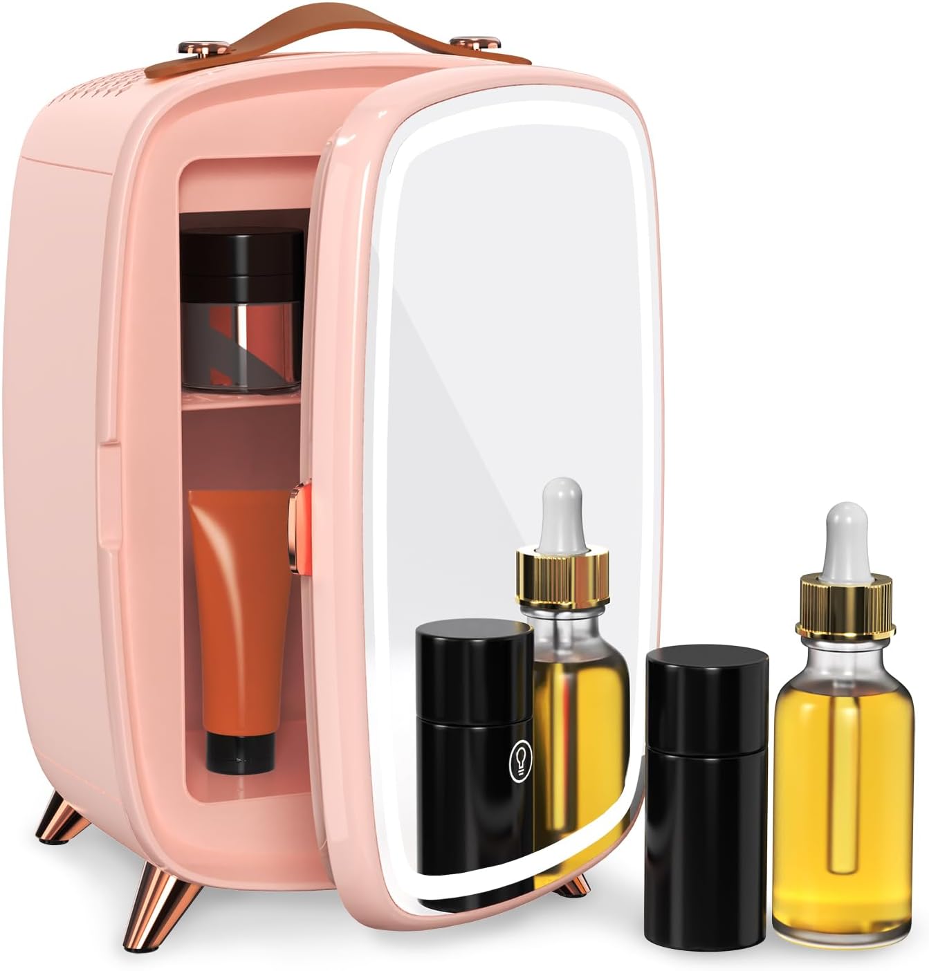 Skincare Fridge, 6L Pink Makeup Fridge with Dimmable LED Light Mirror, Portable for Bedroom, Car, Office & Dorm