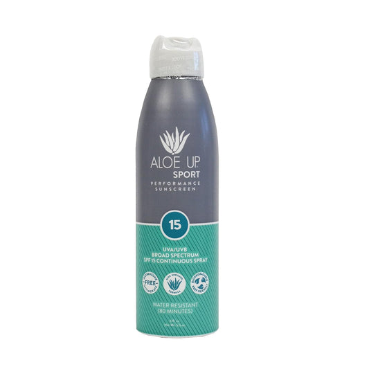 Aloe Up Sport Continuous Spray Sunscreen SPF 15 - Broad Spectrum UVA/UVB Sunscreen Protector for Face and Body - With Aloe Vera Gel - Fast Absorbing Sheer Formula - Reef Safe - Fragrance-Free - 6 Oz