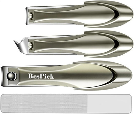 4 Pieces biomimetic Sharp Stainless Steel Anti-Splash Nail Clippers Set with Metal Sliding Catcher and Nano Glass Nail File (Large Flat, Small Flat, Small Bevel and Glass File) (Champagne)