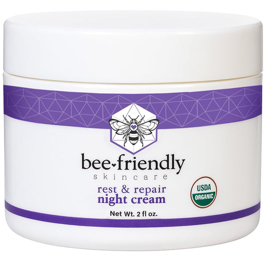 BeeFriendly Organic Night Cream, USDA Certified Organic, Deep Hydrating & Moisturizing Night Time Eye, Face, Neck & Decollete Cream for Women and Men, Anti Aging, Anti Wrinkle 2 oz