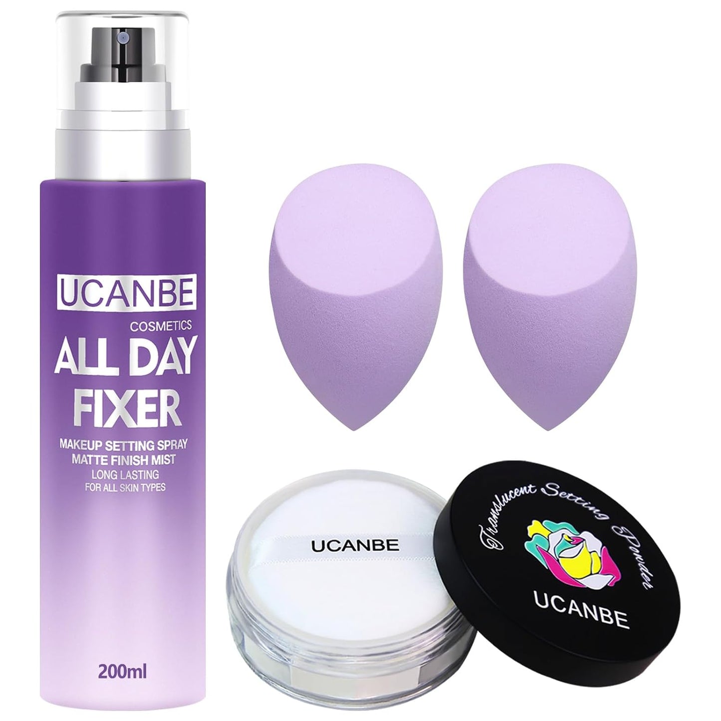 UCANBEMAKUP Long Lasting Makeup Setting Spray Kit- 6.76 Fl oz Hydrating Matte Finish Mist Lightweight Face Make up Fixer +Translucent Loose Setting Powder+2PC Sponge Puff Set