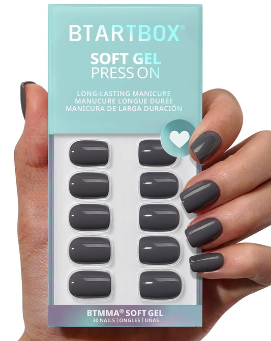BTArtbox Press On Nails Short - Deep Grey Squoval Press On Nails with Glue for Women, Opaque Soft Gel Glue On Nails in 15 Sizes - 30 Stick On Nails Kit, Fog Friend