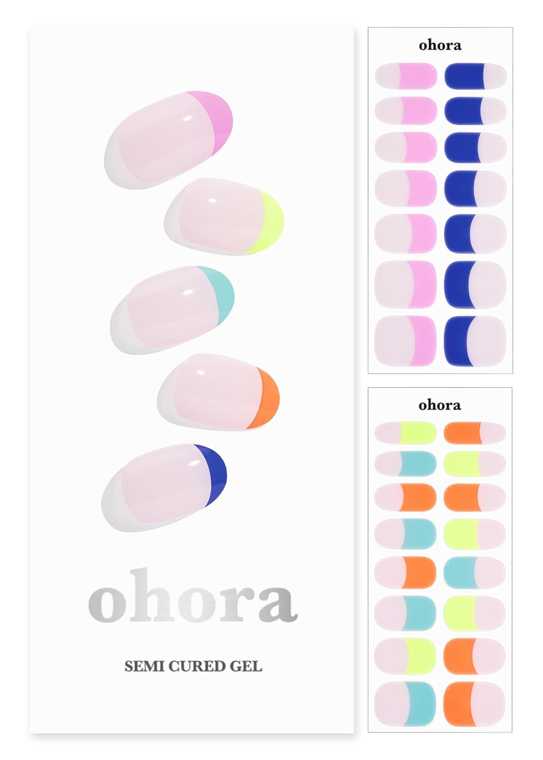 ohora Semi Cured Gel Nail Strips (N Rainbow French) - Nude, French, Works with UV/LED Lamps, Salon-Quality, Long Lasting, Easy to Apply & Remove - Includes 2 Prep Pads, Nail File & Wooden Stick