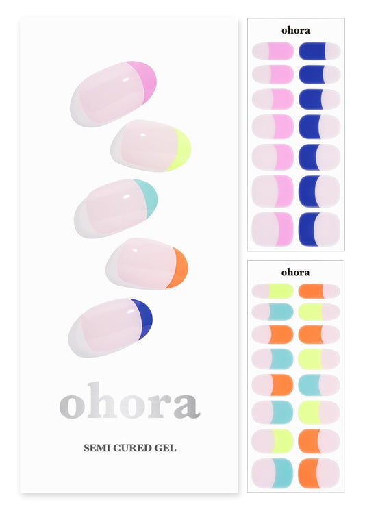 ohora Semi Cured Gel Nail Strips (N Rainbow French) - Nude, French, Works with UV/LED Lamps, Salon-Quality, Long Lasting, Easy to Apply & Remove - Includes 2 Prep Pads, Nail File & Wooden Stick
