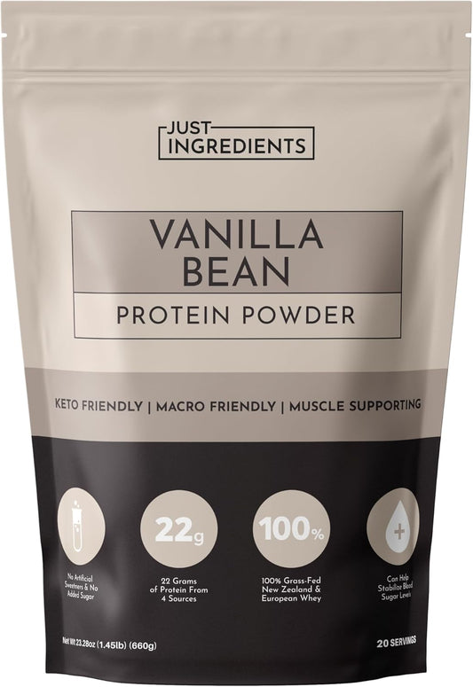 JUST INGREDIENTS Vanilla Bean Protein Powder – 20-Serving Blend with 100% Grass-Fed Whey & Organic Plant Proteins – Real Vanilla Bean & Cinnamon – Supports Muscle Recovery, Energy*