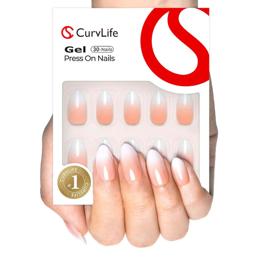 Curvlife Soft Gel Press on Nails Gel Fake Nails with French Almond Design Full Cover False Nails for Women Reusable Nail Kit with Nail Glue Adhesive Tabs Nail File