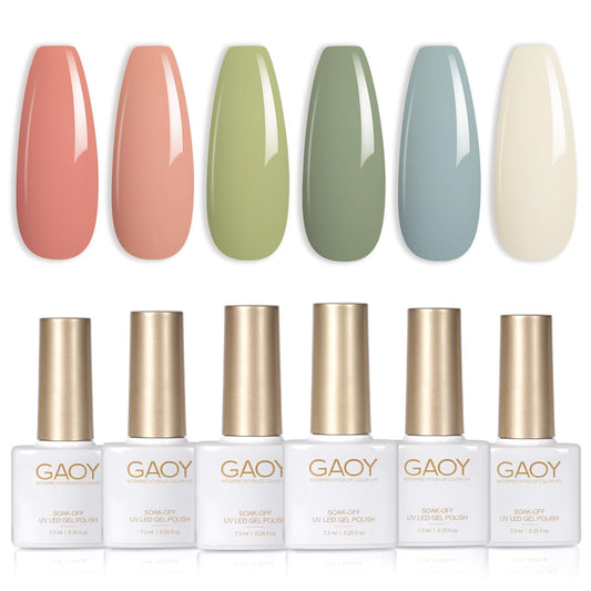GAOY Green White Spring Gel Nail Polish Set, 6 Colors Blue Pink Coral Olive Soak Off UV Light Cure Gel Polish Kit for Salon and Nail Art DIY at Home