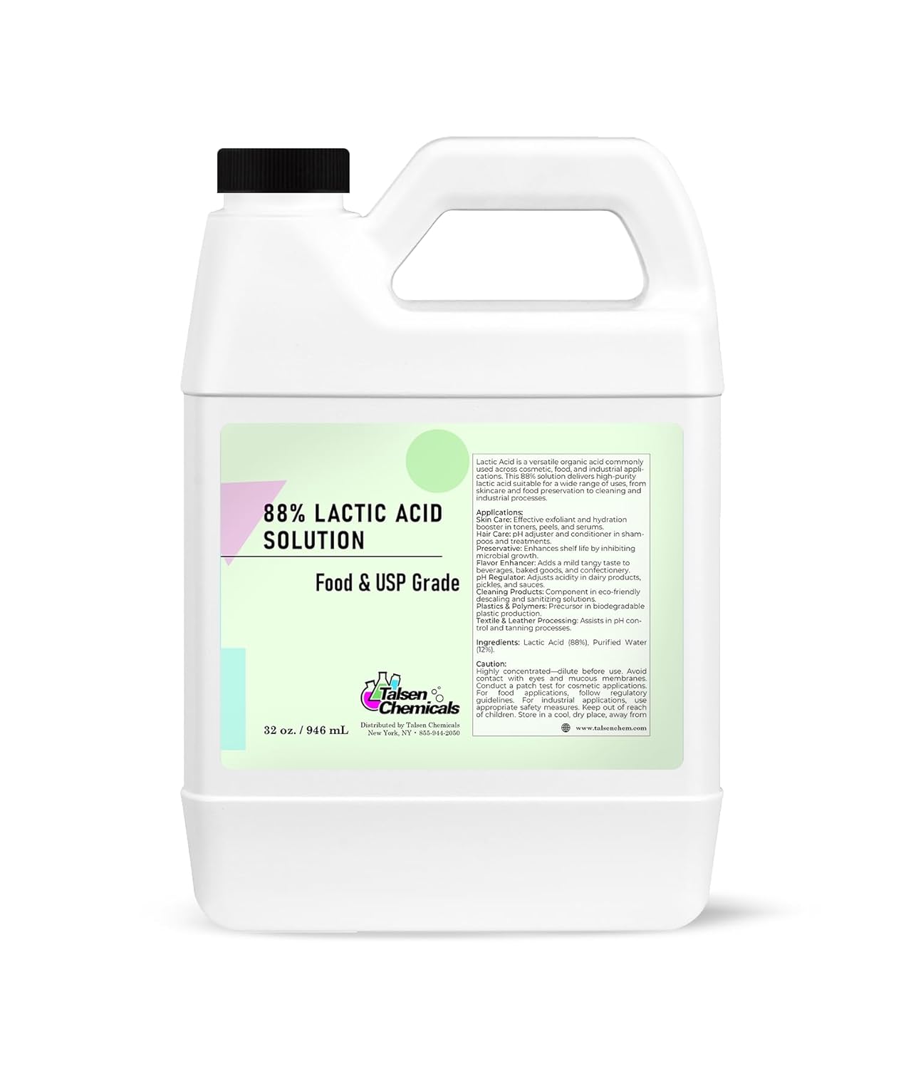 88% Lactic Acid (32 Ounce / 946 mL), Lactic Acid 88% Solution GMO-Free, Food and Beverage Additive and Preservative AHA for Exfoliation, Skin Care, and DIY Formulations Talsen Chemicals