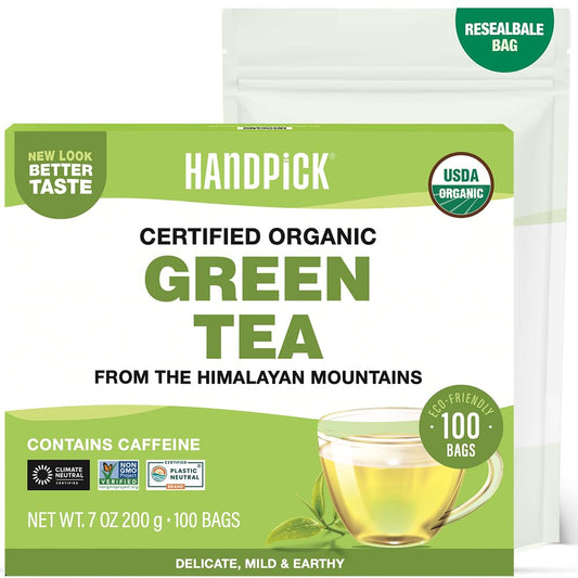 HANDPICK, Organic Green Tea Bags - 100 Eco-Friendly Tea Bags | USDA Organic | Resealable Pack for Freshness | Delicate & Flavory | Direct From India