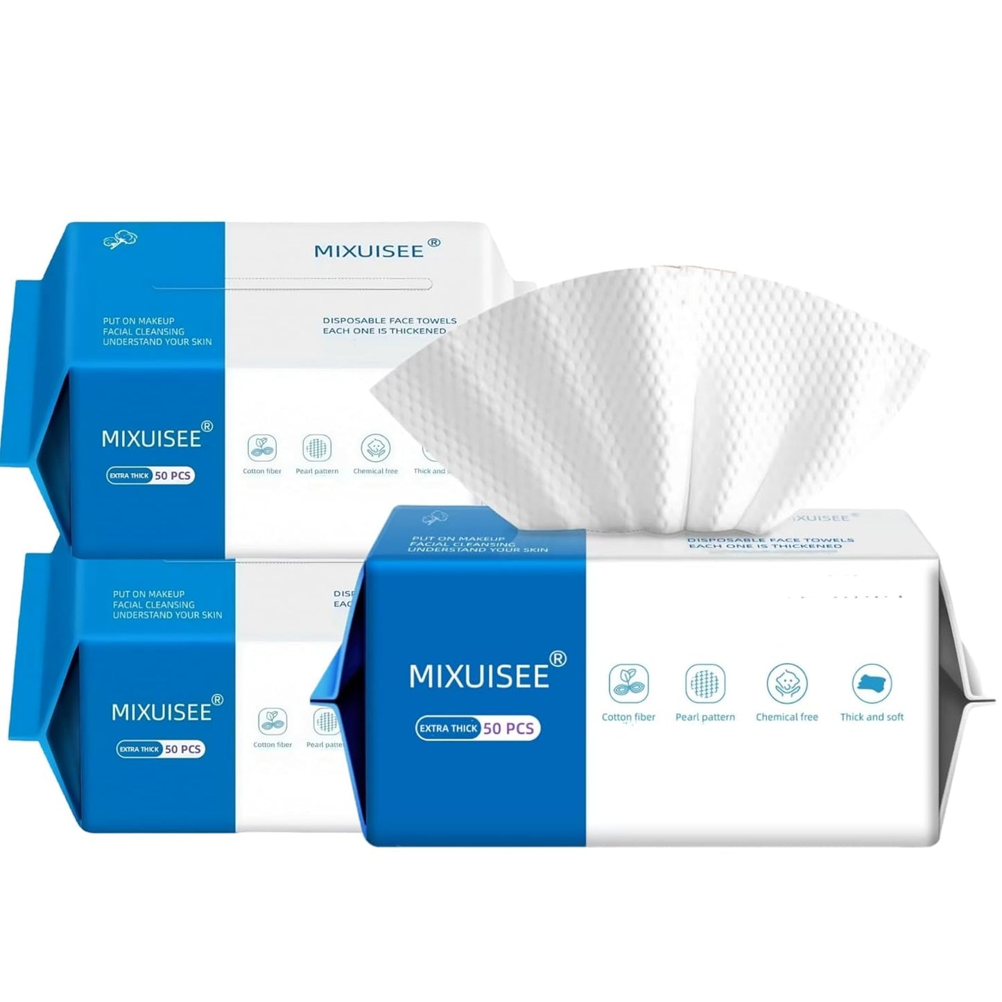 Disposable face towels, MIXUISEE thick and soft face towels. 100% pure cotton, super thick 150%. Suitable for makeup removal and cleansing, and applicable to sensitive skin. (Extra thick 150 pieces)