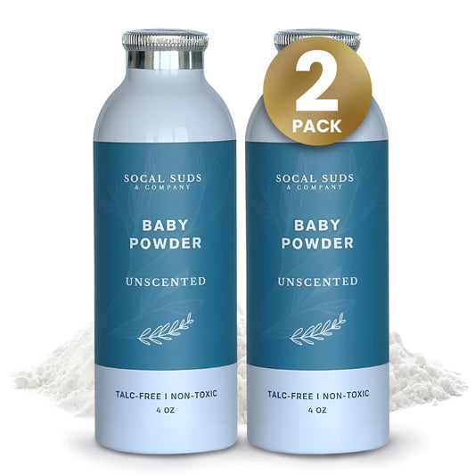 SoCal Suds & Company - Natural Baby Powder - Talc-Free Formula with Arrowroot, Kaolin, Aspen Bark Extract for Soft Soothing Sensitive Skin - Gentle Absorption - Fragrance Free, 4oz, 2-Pack