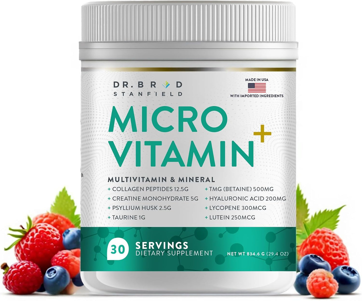 Collagen Peptides + Creatine Monohydrate + Psyllium Husk + Taurine + TMG + Hyaluronic Acid + MultiVitamin & Mineral (30 Servings, Mixed Berry)