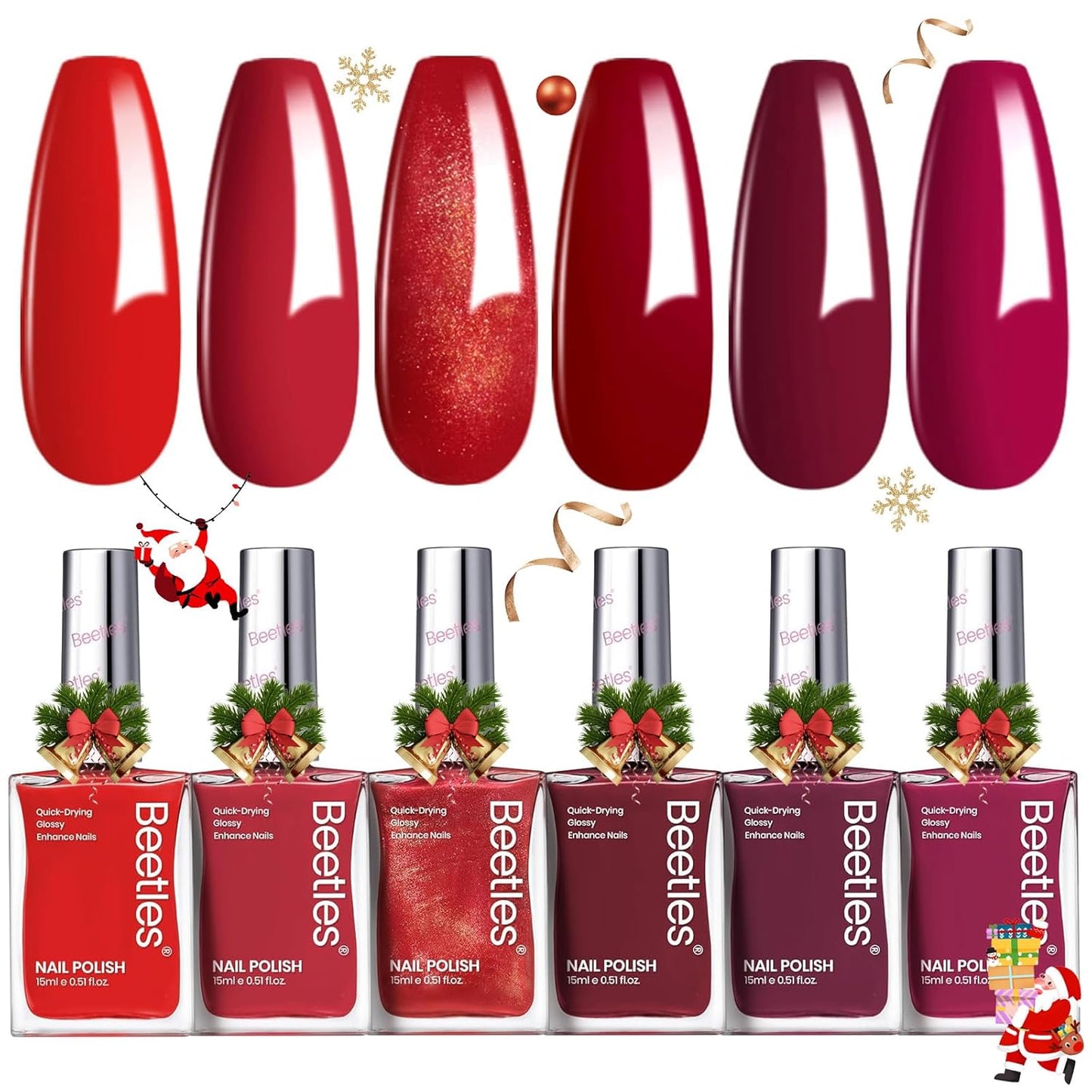 Beetles Red Nail Polish Set Blazing Rose, 6 Colors Dark Red Burgundy Nail Polish Glossy 15ml Enhance Nails Quick Dry Fingernail Polish for Nail Art Manicure DIY at Home Christmas Gifts For Women